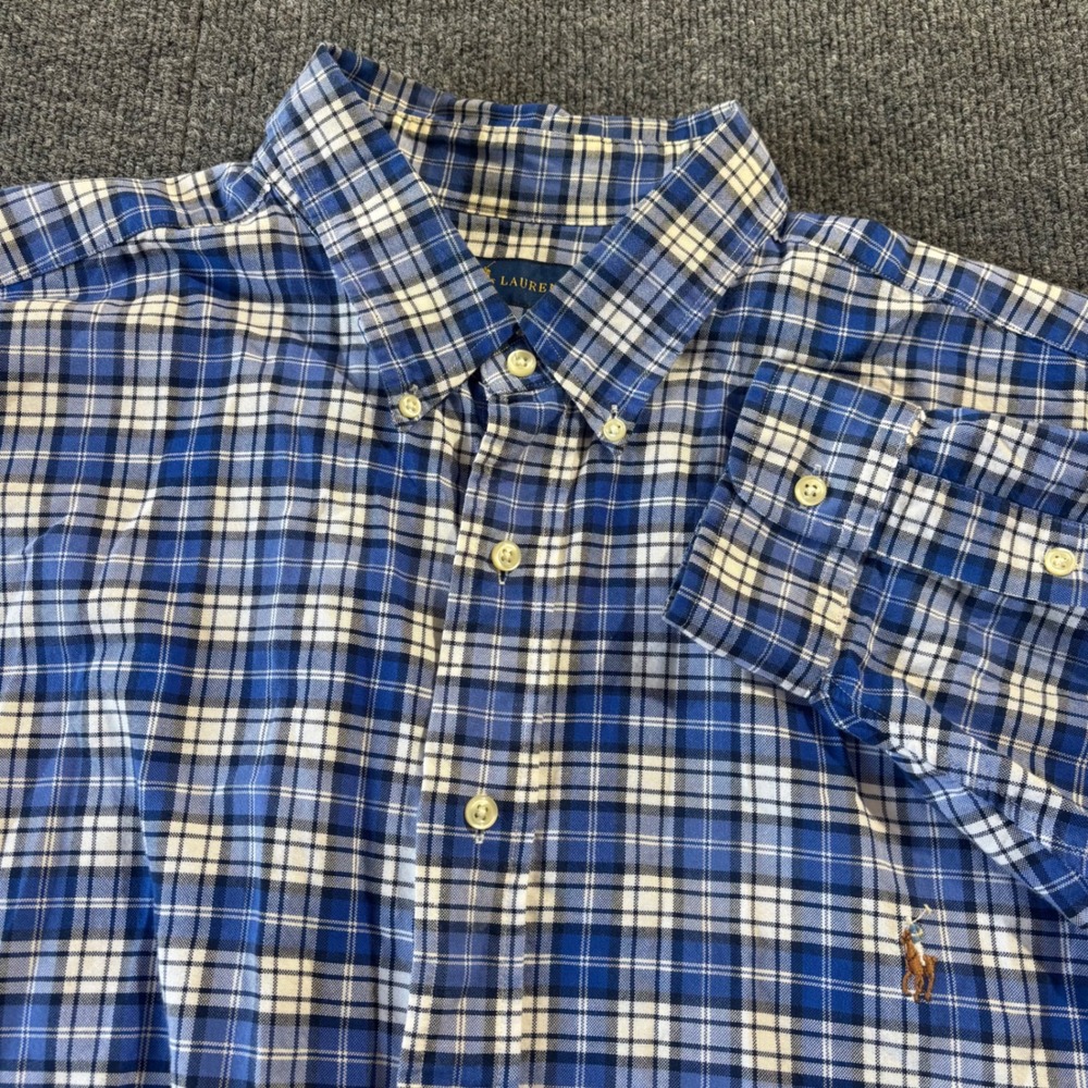 Ralph Lauren Mens 2XB Blue White Plaid Cotton Button Down Long Sleeve Shirt